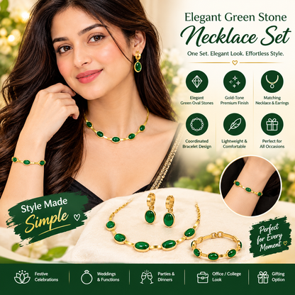 Gold Plated Oval Green Crystal Pendant Necklace+ FREE Earring & Bracelet